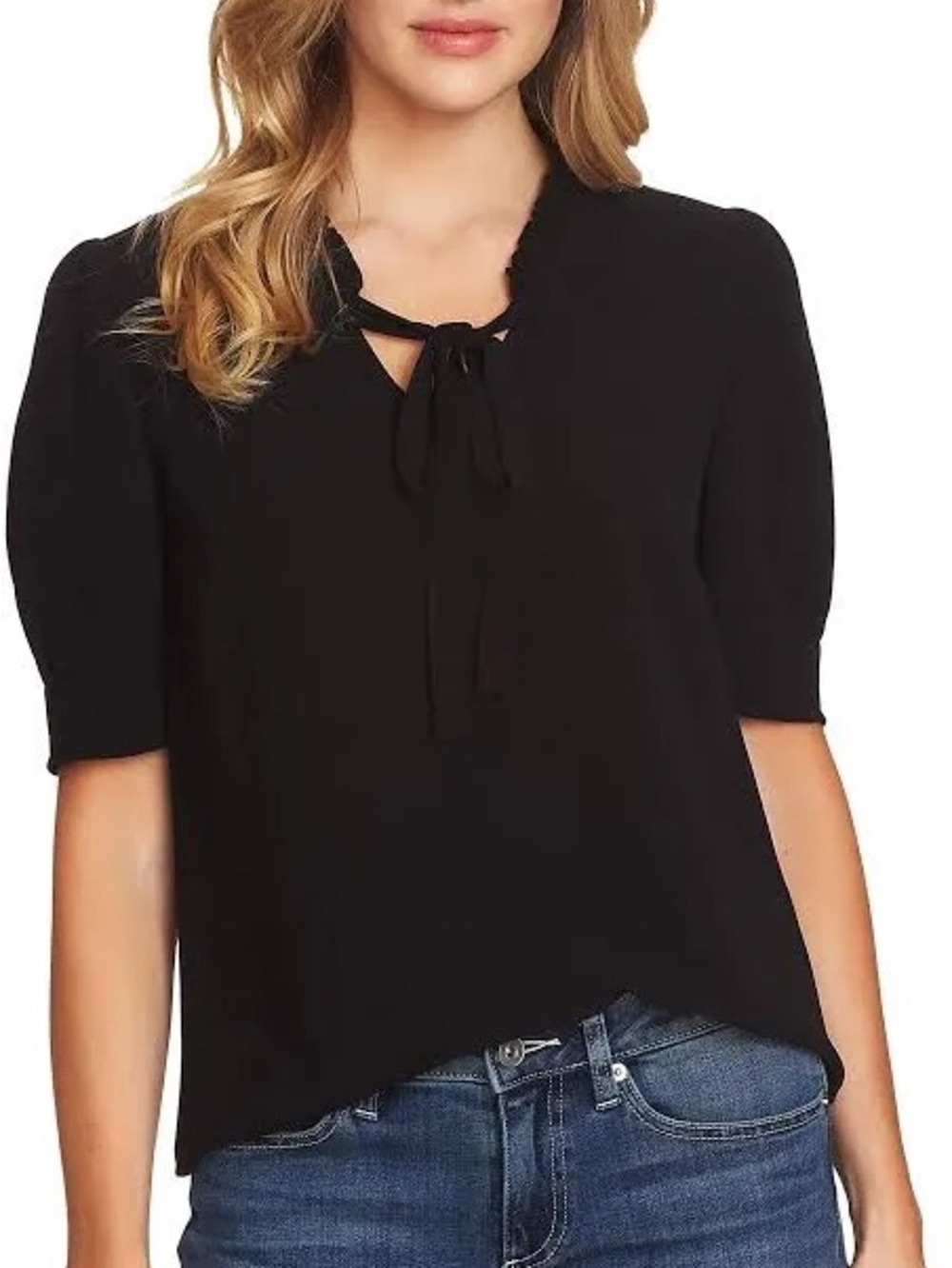 CeCe Nordstrom Black Short Sleeve Ruffle V-Neck Tie Office Blouse Size XS NWT